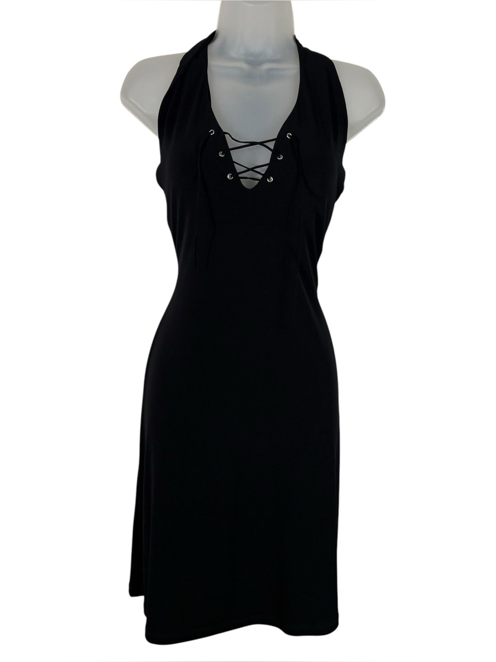 Kona Vintage Y2K USA Made Black Lace Up Sleeveless Halter Mini Dress LBD Party M